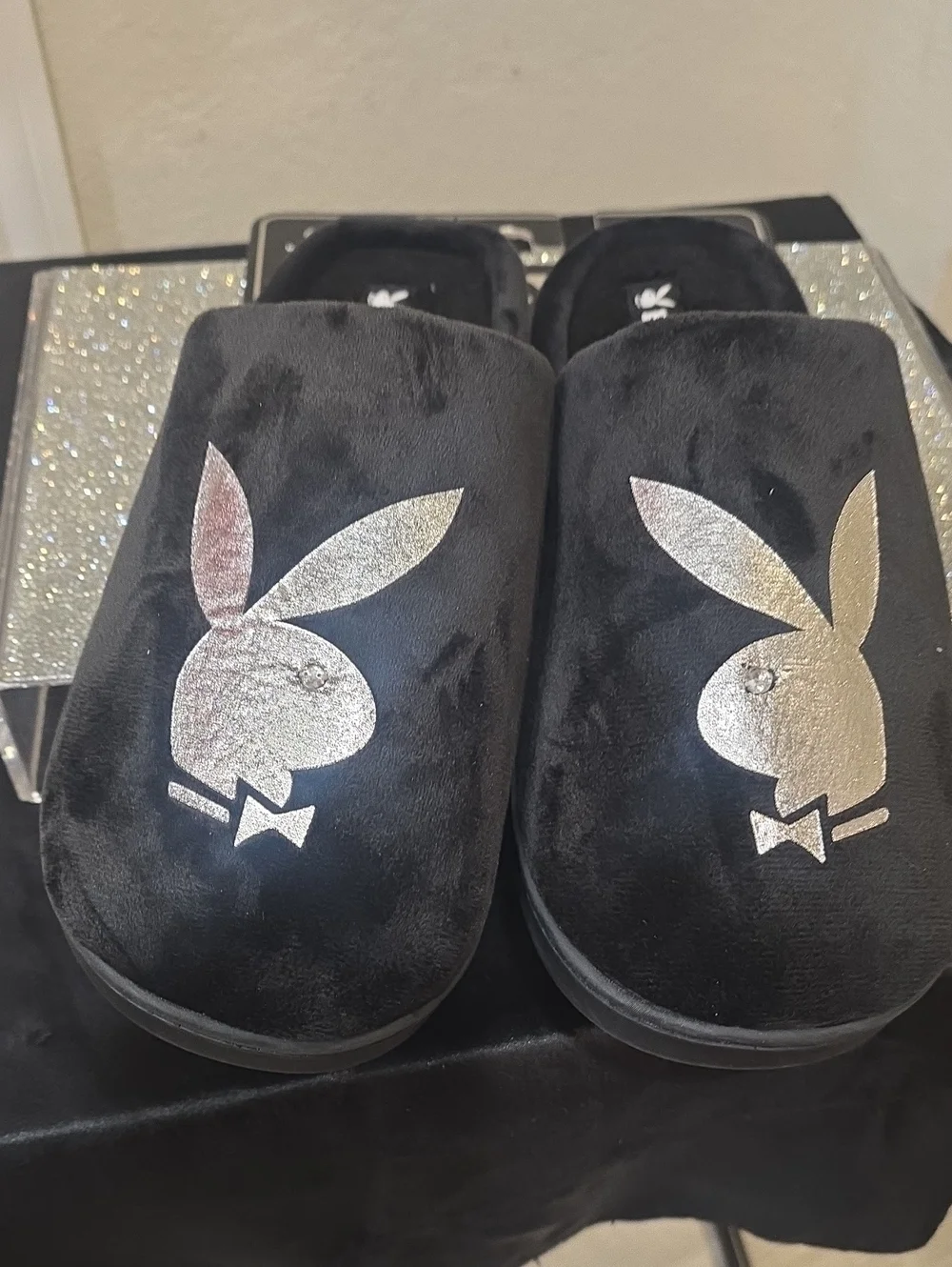 Playboy Metallic Bunny Logo Indoor/Outdoor Memory Foam Slide Slippers- Black